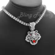 Silver PT TIGER Pendant & 16" 18" 20" 1 Row Iced Tennis Chain Bling Necklace