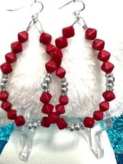 Candy Apple Red Czech Glass Sterling Silver Filled Teardrop Earrings 2.5 Inch