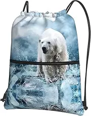 EdWal Cool Animal White Polar Bear Print Drawstring Backpack Gym Bags Sports Bags With Zipper Pocket For Travel Beach, Black, One Size