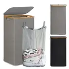 Laundry Hamper with Lid, 26 Gal(100L) Grey Laundry Basket With Bamboo Handles...
