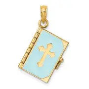 14K Yellow Gold 3-D Blue Enamel Bible Book W/ Moveable Pages Charm