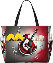 [Ghjkfbf] Music Symbol Print Large Capacity Beach Travel Bag For Family, Beach Tote Bag For Women With Zipper Pockets, Black, One Size
