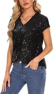 [Kyzoeyou] Tops for Women Sequin Sparkly Shirts Cap Sleeve V Neck Blouse Glitter Sequined Tunic Top Loose Casual Party