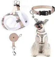 EXPAWLORER Fleece Lined Step-in Dog Harness - Soft Plush Padded Puppy Harness and Leash Set with Adjustable Dog Collar, No Pull Escape Proof Suede Dog Vest Harness for Small Dogs, Khaki S