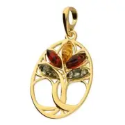 Pendant Yellow Gold-Plated, Oval, Mixed Amber 'Tree Of Life' Sterling Silver