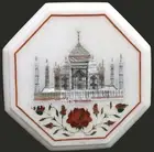 Taj Mahal Replica Inlay Work Coffee Table Top White Marble Sofa Side Table