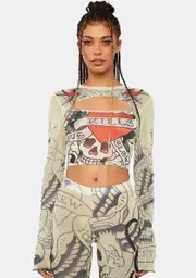 [Ed Hardy X Dolls Kill] LKS Skull Long Sleeve Mesh Top