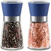 Vzaahu Salt and Pepper Grinder Set Blue - Refillable Small Seasalt & Peppercorn Shakers, Adjustable Coarseness, Ceramic Burr, Premium Glass Peppermill, Transparent Lid