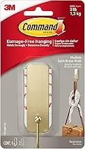 Command Medium Decorative Wall Hook, Holds up to 3 lb, Damage Free Hanging Wall Hooks with Adhesive Strips, No Tools Hanging Decorations in Living Spaces, 1 Satin Brass Hook and 2 Command Strips