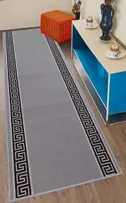 Custom Size Anti Slip Low Profile Loop Pile Meander Gray Design Runner Rug