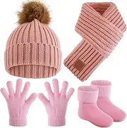 [Syhood] 4 Pieces Kids Beanie Hat Scarf Gloves Socks Set Knit Winter Warm Set for Toddler Boys Girls