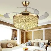 Reversible Retractable Ceiling Fans with LED Light and Remote, 42 Inch Invisible Ceiling Fan Chandeliers with 4 Clear Blades, Bedroom Fandelier Indoor Crystal Ceiling Light Kits with Fans (Gold)