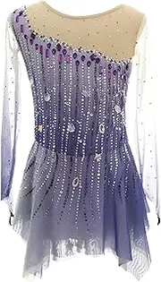 [Zagitova] Womens Figure Ice Skating Dress, Girls Mesh Patchwork Long Sleeve Lyric Costume for Competition, Customizable
