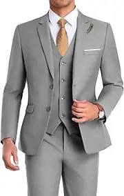 [Mrbuerly] Men Suit 3 Pieces Slim Fit, Groomsmen Business Jacket Vest Pant with Tie 2 Buttons Prom Tuxedo Xs/3630, Grey, 5X-Large
