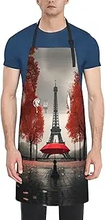 [CADREWY] Eiffel Tower with Red Umbrella Print Adjustable Apron 28 x 33in Kitchen Apron with Pockets Versatile Unisex Chef Aprons, Black