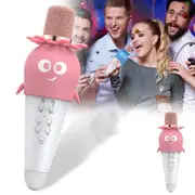 Microphone with Bluetooth Speaker Flower Carrot Karaoke for Children Gift LED Voice Modulation Pairing with Smartphone Color Pink
