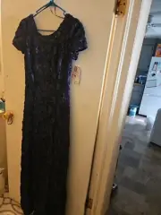 ALEX EVENING..FORMAL.Dark Blue Ribbon Rose Sequins Dress