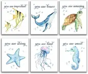 Sea Marine Life Art Print Set of 4 (8”X10”), Inspirational Words Texture of Dreams Wall Poster for Boy Girl Room, Watercolor Nursery Blue Ocean Theme Kids Room Wall Poster Positive Affirmations Kids