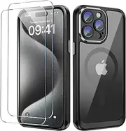 Case for iPhone 15 Pro Max Mobile Phone Case with 2 Screen Protectors, Thin for Apple i15 Pro Max Case with Mag-Safe, Scratch-Resistant, Shockproof Protective Case 15 Pro Max Mobile Phone Case (Black)