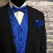 ROYAL BLUE Paisley Tuxedo Suit Dress Vest Waistcoat & Bowtie Hankie Wedding Prom