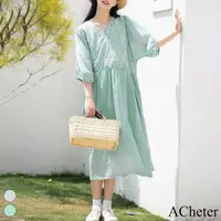 在飛比找momo購物網優惠-【ACheter】棉麻感短袖連身裙刺繡寬鬆高腰垂感棉麻中長版