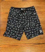 Volcom Manic 2 Mens Board shorts Geometric Design Allover b Size 30 Black