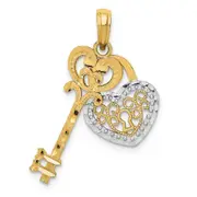 14k Yellow & Rhodium Gold w/White Rhodium Moveable Filigree Heart Key and Lock Charm