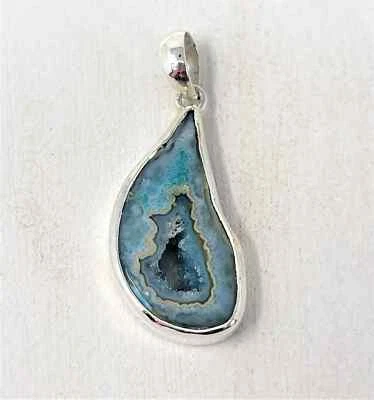 Sea Foam Agate Geode 925 Sterling Silver Pendant Natural Healing Calming Stone