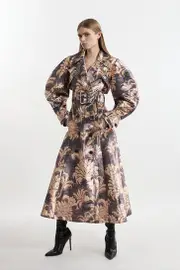 Petite Metallic Floral Tailored Trench Maxi Coat