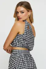 Check Crop Top One Shoulder Linen - Size L, Women's Crop Top