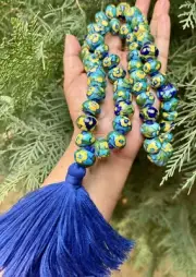 26" Jaipur Blue Pottery 54+1 Guru Bead Japa Mala Jaap Rosary Yoga Prayer Healing