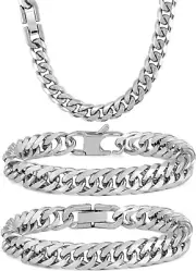 3PCS Cuban Link Bracelet Necklace, Sturdy 316L Stainless Steel Cuban Link Chain