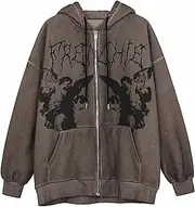[SADWF] Skeleton Printed Oversized Hooded Sweatshirt for Women Girls, Zipper Gothic Jacket Y2K E-Girl Streetwear Boyfriend Hoodies Coat (Color : Brown, Size : M)