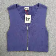 Open Edit Zip Front Sleeveless Rib Crop Top Sweater Women's Medium Purple New