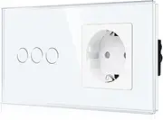 CNBINGO Glass Light Switch and Schuko Socket Flush-Mounted - Touch Light Switch with LED Status - Wall Switch with Glass Frame - Triple White