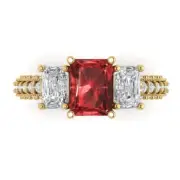 4.2ct Emerald RD 3 stone Natural Red Garnet Promise Wedding Ring 14k Yellow Gold