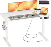 HOMETECH Electric Standing Desk, 120 x 60 cm Sit Stand Desk with Power Outlets & Type-C/USB, Height Adjustable Gaming Desk with 3 Smart Memory Height Settings, Hanging Hook, Cable Management, White