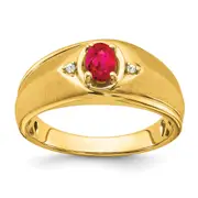Solid 14k Yellow Gold Oval Simulated Ruby and CZ Mens Ring