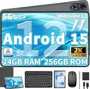 2025 Upgraded Android 15 Tablet, 12 inch Android Tablet with Keyboard, 24GB RAM+128GB ROM(1TB Expand), Octa-Core, 2K 2000x1200 Display, 16MP Dual Camera, 8000mAh, 5G WiFi, GPS, Bluetooth 5.0（Silver）