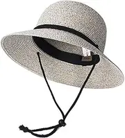 [Generic] Straw Summer Hat Women Hat with Wind Lanyard Wide Brim Beach Hat Foldable Female Summer Caps