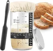 LKLKO Sourdough Starter Jar with Date Marked Feeding Band, Thermometer, Silicone Scraper, Aluminum Lid, Sewn Cloth Cover Glass Sourdough Jar, Sourdough Starter Kit