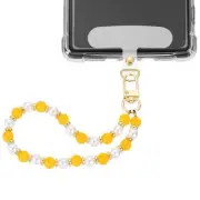 Phone Wrist Strap, Pearl Beaded Phone Charm with Tether Tab, Yellow & White
