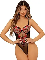 [JINZIJINYU] Lingerie For Women Sexy Naughty Sexy Women Suspender Mesh Embroidery See Through Lingerie Bodysuit