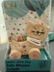 Bemi Wooden Walk Along Pull Toy Wheels Kids - Cat Age 12 - 60 Months