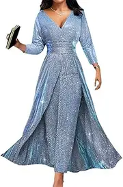 [GHAKKE] Women's Elegant Formal Evening Dress Jumpsuits Sparkly Deep V Neck Long Sleeve Long Pants Rompers With Skirt Overlay (Color : Blue, Size : Medium)