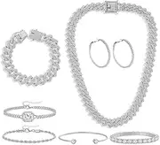 [RUIFUU] 8 Pcs Cuban Link Chain for Women Rhinestone Silver Necklace and Bracelet set Crystal Hip Hop Jewelry for Women, One size, Zinc Alloy, Alloy and Rhinestones, No Gemstone