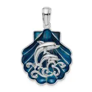 Sterling Silver De-Ani Rhodium-Plated Enameled Blue Shell With Dolphins Pendant