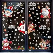 Christmas Window Stickers, Snowflake Window Clings No-Adhesive Xmas Cling Decals Santa Claus Reindeer Peeking Stickers for Christmas Party
