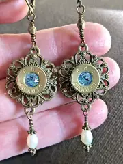 PMC Bullet slice Aquamarine & pearl Antique Brass Earrings