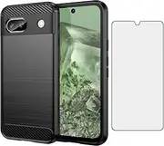 [Asuwish] Phone Case for Google Pixel 8A 5G with Tempered Glass Screen Protector Cover and Cell Accessories Soft TPU Slim Silicone Rubber Hybrid Protective Pixel8A A8 Women Men Carbon Fiber Black
